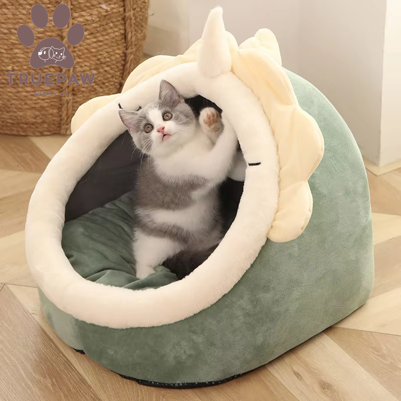 Cute Cat Cave Bed – Cozy Foldable Pet Bed with Removable, Washable Cushion for Cats & Small Dogs